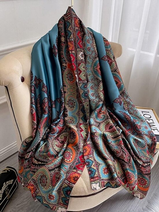 Women's Blue Lightweight Silk Like Scarves Flowers Print Head Cotton Wrap Scarf - Picture 2 of 5